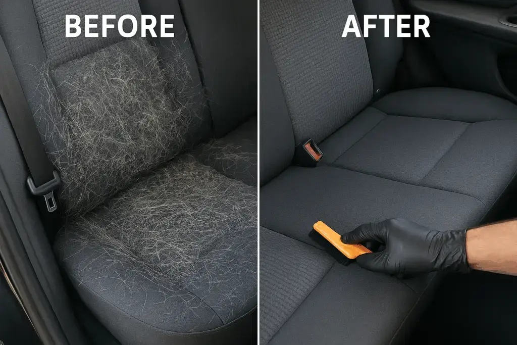 Before and after pet hair removal from cloth car seat