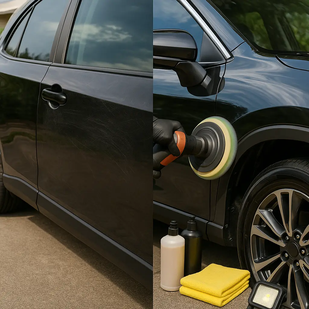 Half-and-half view showing one-step paint enhancement polishing on black car