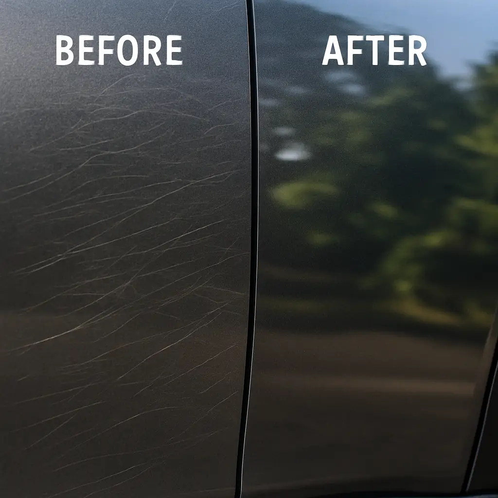 Before and after paint correction removing swirl marks on black paint