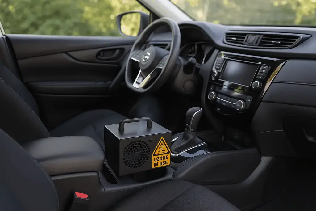 Ozone machine treating car interior for smoke and odor removal
